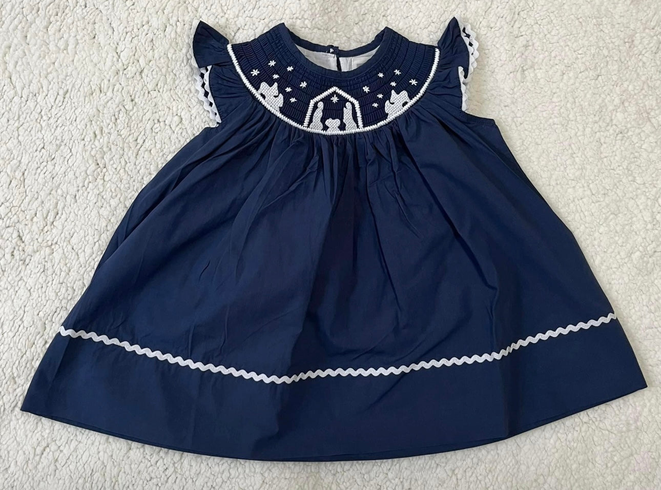 Steele Blue Smocked Nativity scene dress