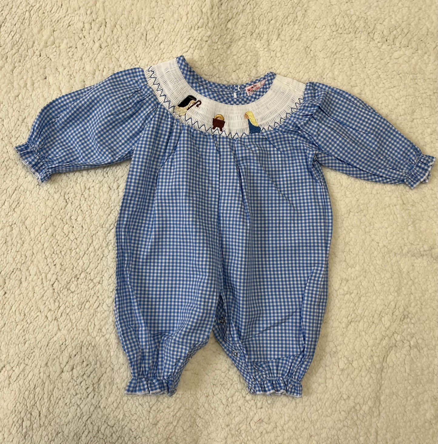 Blue Gingham Manger Scene Romper